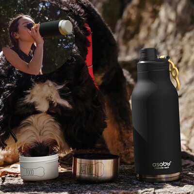 ASOBU Buddy 3-in-1 Water Bottle with Removable Dog Bowl & Food Compartment, 32 oz., Black (SDB2)