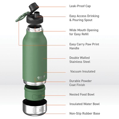ASOBU Buddy 3-in-1 Water Bottle with Removable Dog Bowl & Food Compartment, 32 oz., Basil Green (ADNASDB2G)