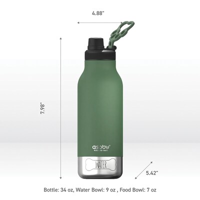 ASOBU Buddy 3-in-1 Water Bottle with Removable Dog Bowl & Food Compartment, 32 oz., Basil Green (SDB2)