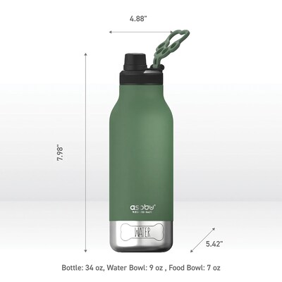 ASOBU Buddy 3-in-1 Water Bottle with Removable Dog Bowl & Food Compartment, 32 oz., Basil Green (ADNASDB2G)