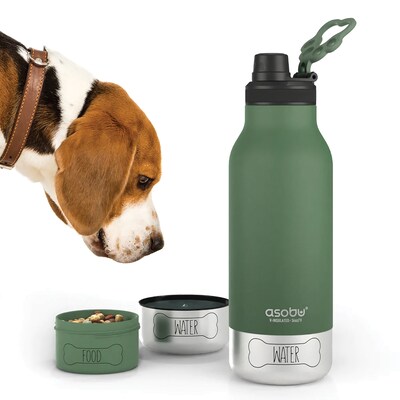 ASOBU Buddy 3-in-1 Water Bottle with Removable Dog Bowl & Food Compartment, 32 oz., Basil Green (ADNASDB2G)