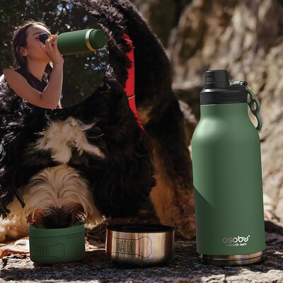 ASOBU Buddy 3-in-1 Water Bottle with Removable Dog Bowl & Food Compartment, 32 oz., Basil Green (ADNASDB2G)