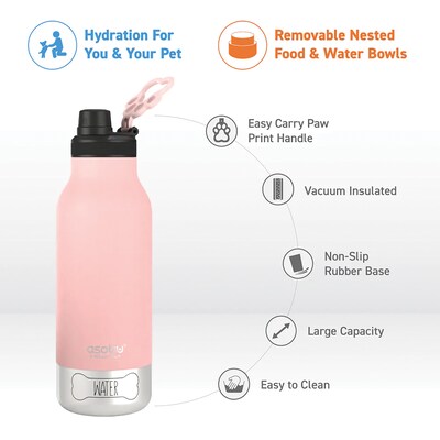 ASOBU Buddy 3-in-1 Water Bottle with Removable Dog Bowl & Food Compartment, 32 oz., Pink (SDB2)