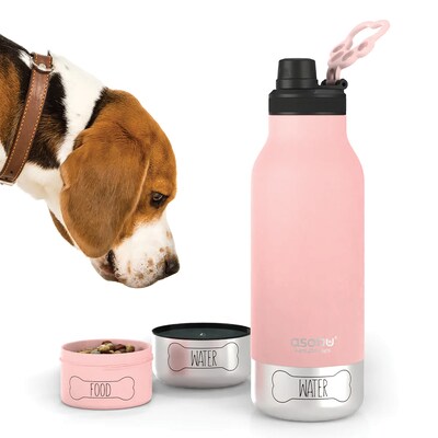 ASOBU Buddy 3-in-1 Water Bottle with Removable Dog Bowl & Food Compartment, 32 oz., Pink (ADNASDB2P)