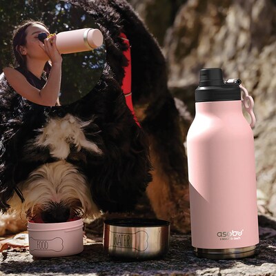 ASOBU Buddy 3-in-1 Water Bottle with Removable Dog Bowl & Food Compartment, 32 oz., Pink (SDB2)