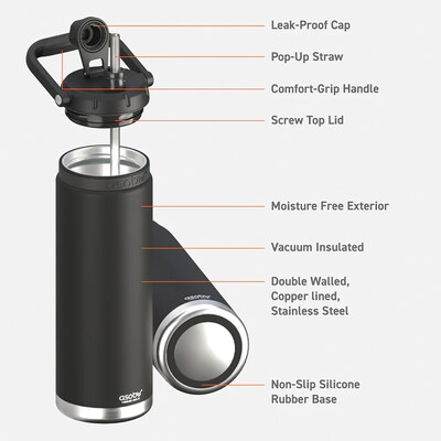 ASOBU Canyon Stainless Steel Vacuum Insulated Water Bottle, 50 oz., Black (ADNATMF7BK)