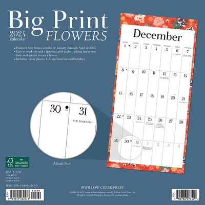 2024 Willow Creek Big Print Large Grid Flowers 12 x 12 Monthly Wall Calendar, Multicolor (32473)