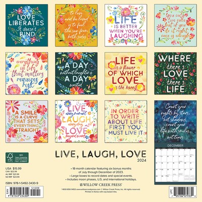 2024 Willow Creek Live, Laugh, Love Art 12" x 12" Monthly Wall Calendar, Multicolor (34309)