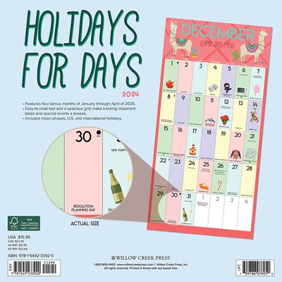 2024 Willow Creek Holidays for Days 12 x 12 Monthly Wall Calendar, Multicolor (33920)