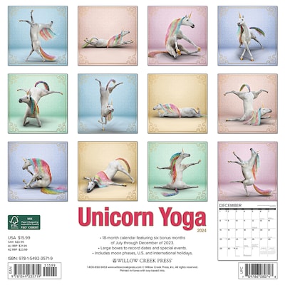2024 Willow Creek Unicorn Yoga 12 x 12 Monthly Wall Calendar, Multicolor (35719)