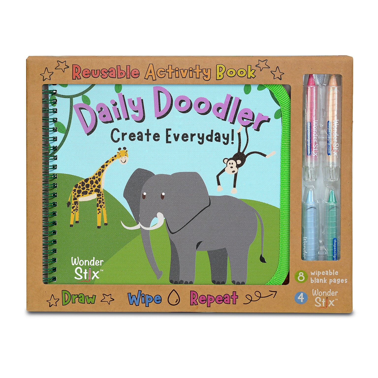 The Pencil Grip Daily Doodler Reusable Activity Book-Wild Animals Cover, Includes 4 Wonder Stix