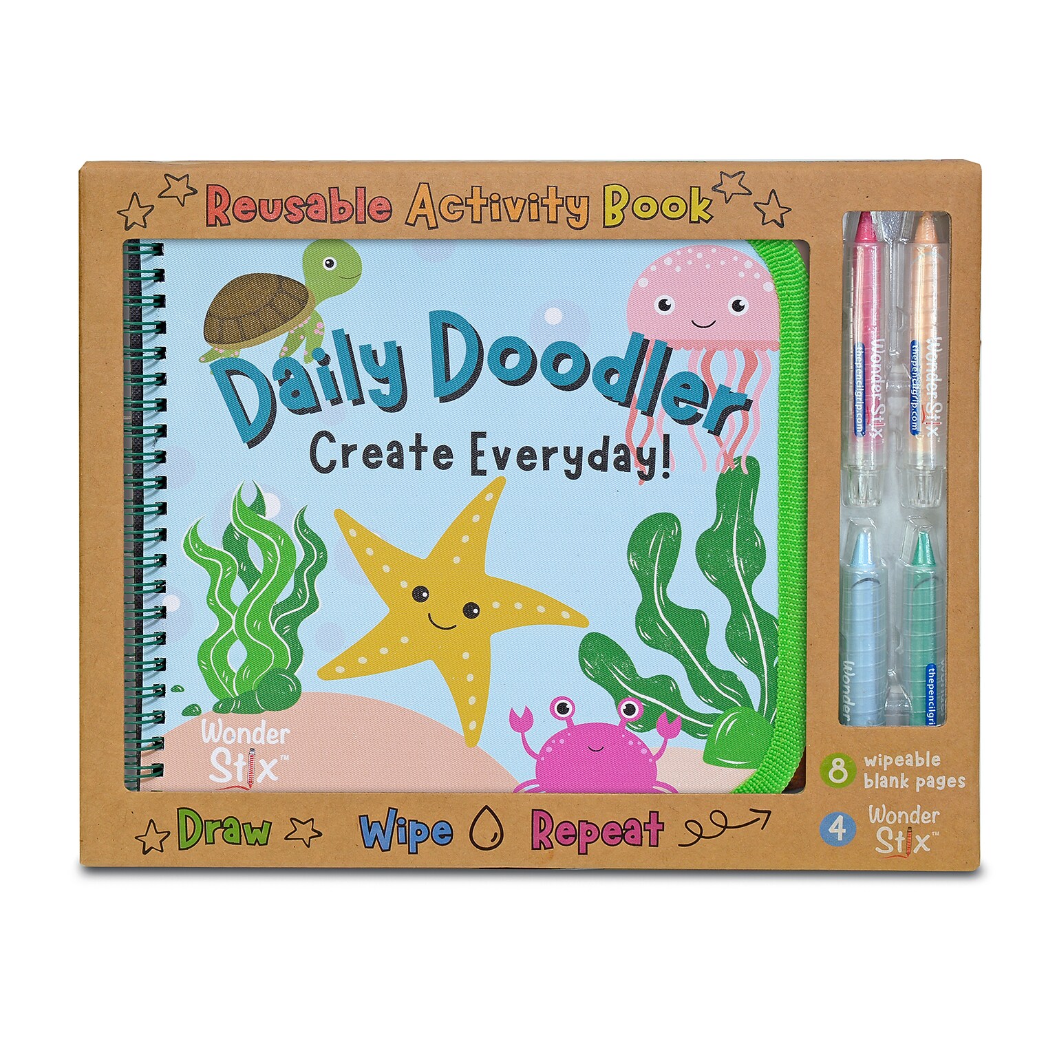 The Pencil Grip Daily Doodler Reusable Activity Book- Sea Life Cover, Includes 4 Wonder Stix