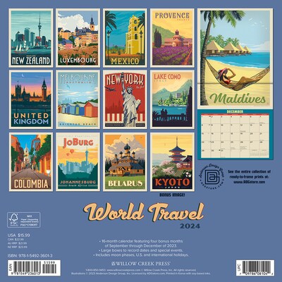 2024 Willow Creek World Travel Art Posters 12 x 12 Monthly Wall Calendar, Multicolor (36013)