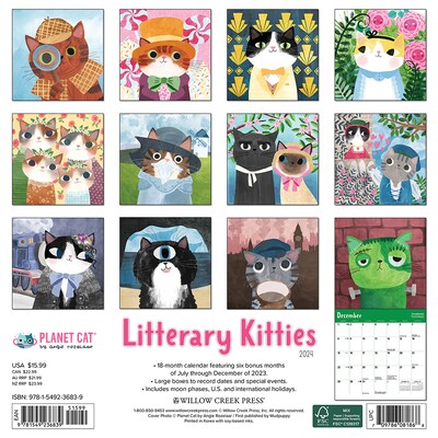 2024 Willow Creek Litterary Kitties 12 x 12 Monthly Wall Calendar, Multicolor (36839)
