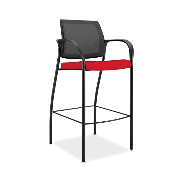 HON Ignition  ilira-Stretch Mesh/Fabric Cafe Height 4-Leg Stool, Fixed Arms, Black/Ruby (HONIC108IMCU67)