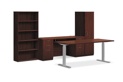 HON® Foundation Office Suite with Height-Adjustable Table, Wardrobe, & Bookcase, Mahogany (HON®LM72HATWWN)