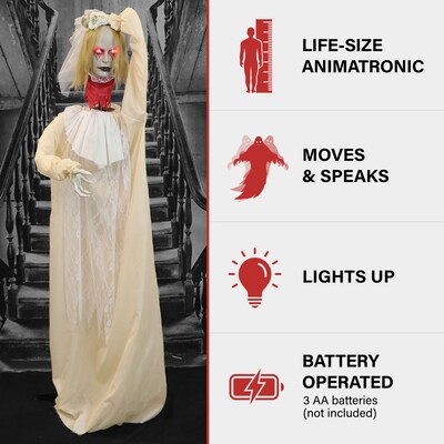 Haunted Hill Farm Animatronic Zombie Bride with Pop-Up Head & Light-Up Eyes Halloween Decoration (HHBRIDE-6FLSA)