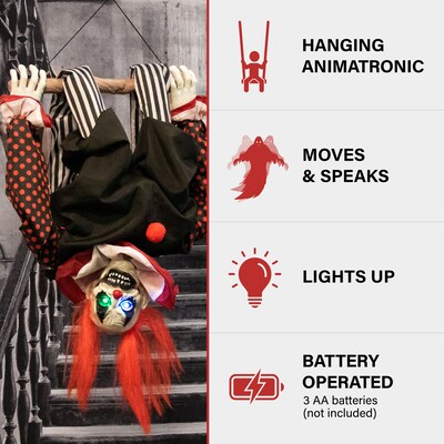 Haunted Hill Farm Animatronic Upside-Down Talking Clown Hanging Halloween Decoration (HHCLOWN-24HLSA)