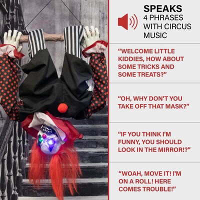Haunted Hill Farm Animatronic Upside-Down Talking Clown Hanging Halloween Decoration (HHCLOWN-24HLSA)
