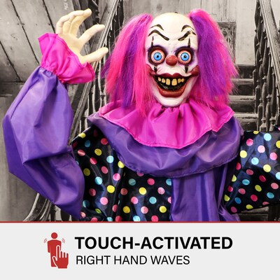 Haunted Hill Farm Animatronic Waving Talking Clown with Light-Up Eyeballs Halloween Decoration (HHCLOWN-27FLSA)