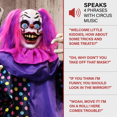 Haunted Hill Farm Animatronic Waving Talking Clown with Light-Up Eyeballs Halloween Decoration (HHCLOWN-27FLSA)