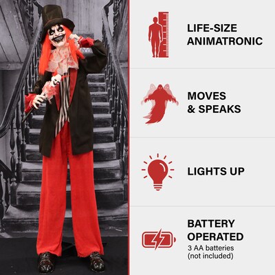 Haunted Hill Farm Animatronic Shaking, Talking Clown with Clown-Head Magic Wand Scary Halloween Decoration (HHCLOWN-33FLSA)