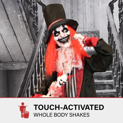 Haunted Hill Farm Animatronic Shaking, Talking Clown with Clown-Head Magic Wand Scary Halloween Decoration (HHCLOWN-33FLSA)