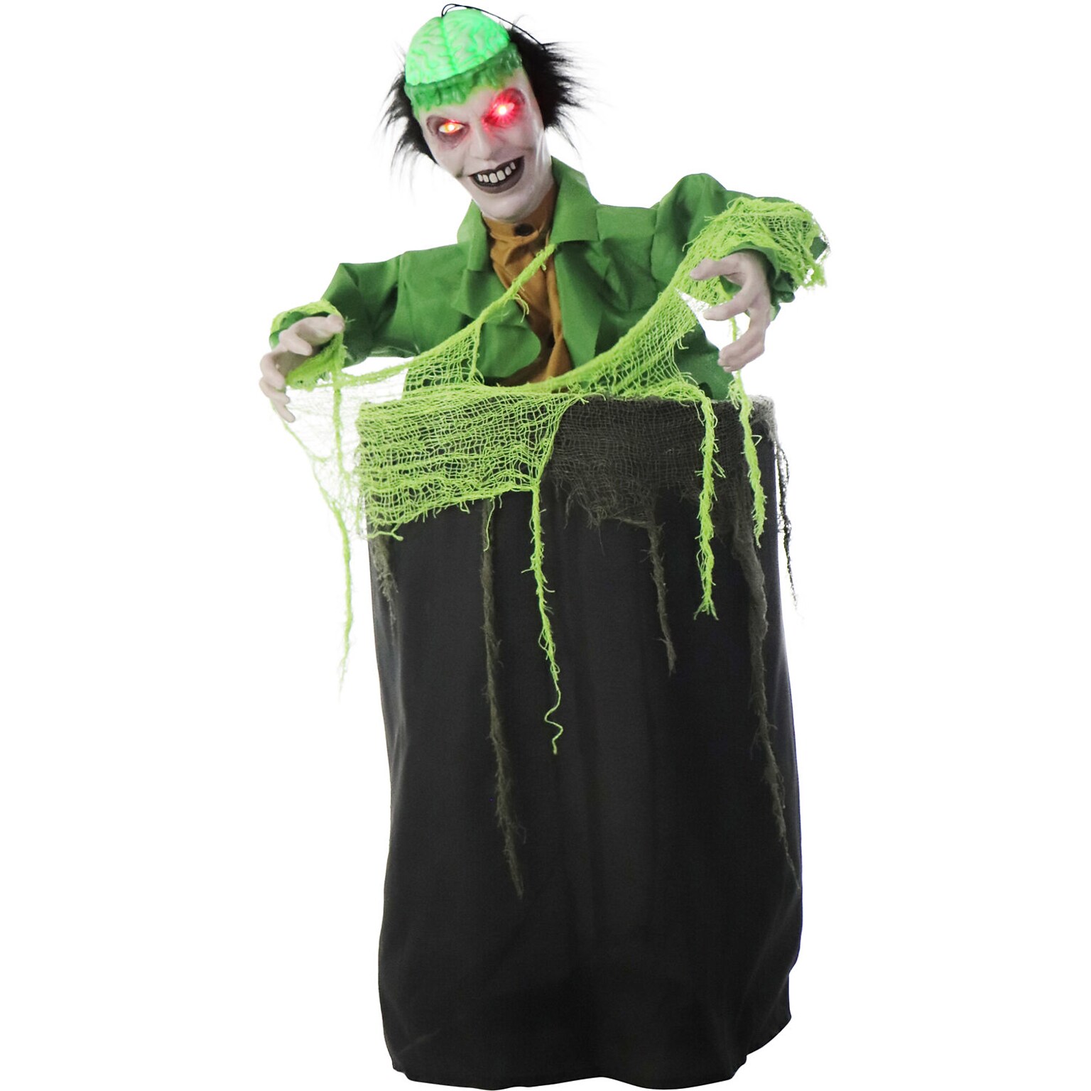 Haunted Hill Farm Animatronic Thrashing Zombie in a Barrel with Light-Up Brain Eyes Scary Halloween Decoration (HHMAN-8FLSA)