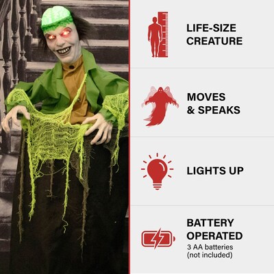 Haunted Hill Farm Animatronic Thrashing Zombie in a Barrel with Light-Up Brain Eyes Scary Halloween Decoration (HHMAN-8FLSA)