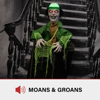 Haunted Hill Farm Animatronic Thrashing Zombie in a Barrel with Light-Up Brain Eyes Scary Halloween Decoration (HHMAN-8FLSA)