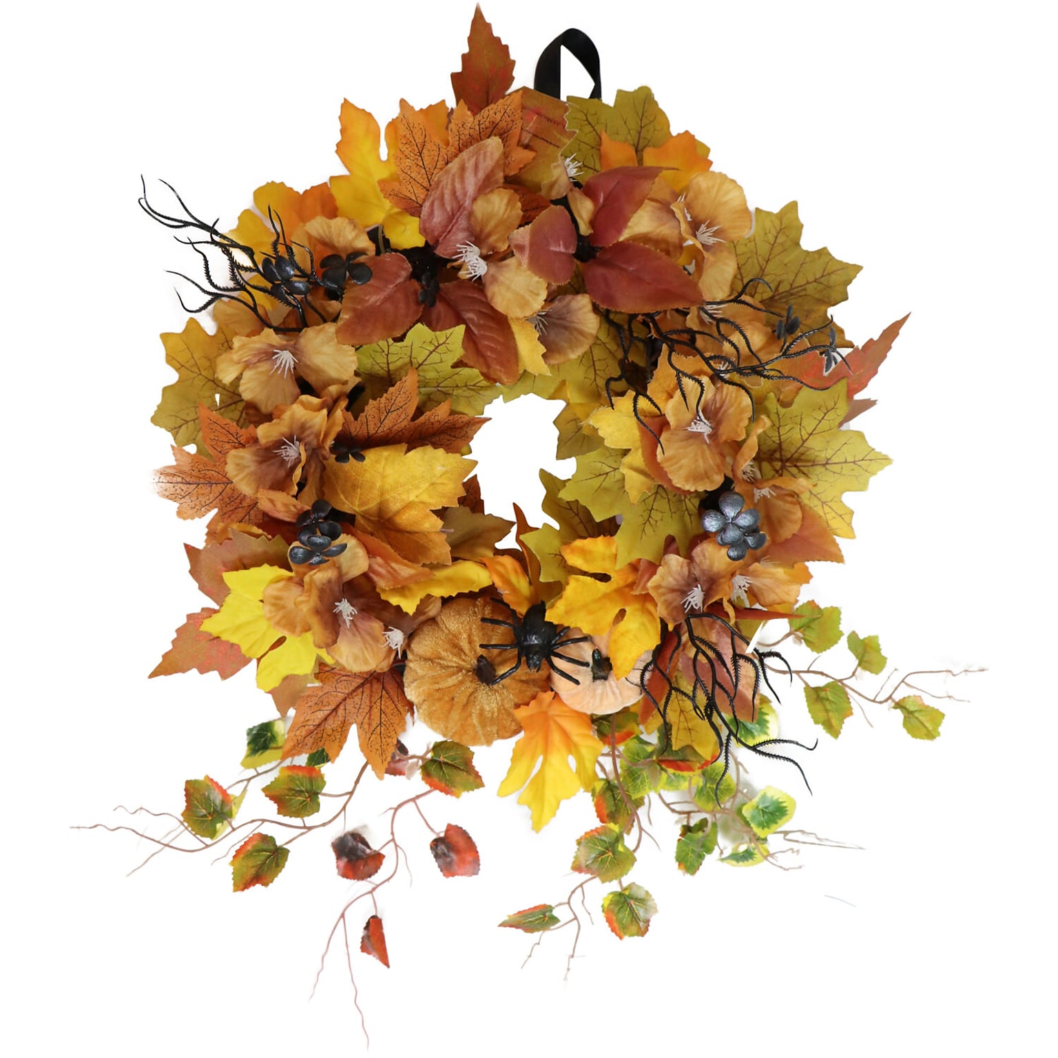 Haunted Hill Farm Festive Harvest Wreath with Fall Leaves and Mini Pumpkins, Halloween Decoration (HHPUMP-1WRTH)
