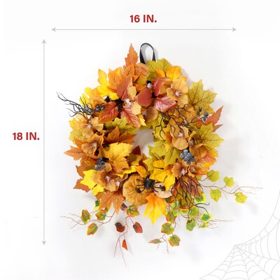 Haunted Hill Farm Festive Harvest Wreath with Fall Leaves and Mini Pumpkins, Halloween Decoration (HHPUMP-1WRTH)