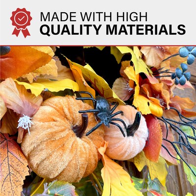 Haunted Hill Farm Festive Harvest Wreath with Fall Leaves and Mini Pumpkins, Halloween Decoration (HHPUMP-1WRTH)