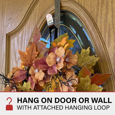 Haunted Hill Farm Festive Harvest Wreath with Fall Leaves and Mini Pumpkins, Halloween Decoration (HHPUMP-1WRTH)