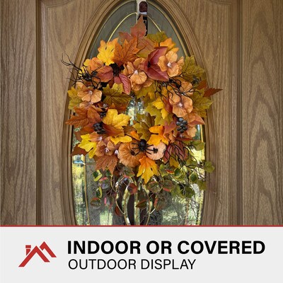 Haunted Hill Farm Festive Harvest Wreath with Fall Leaves and Mini Pumpkins, Halloween Decoration (HHPUMP-1WRTH)