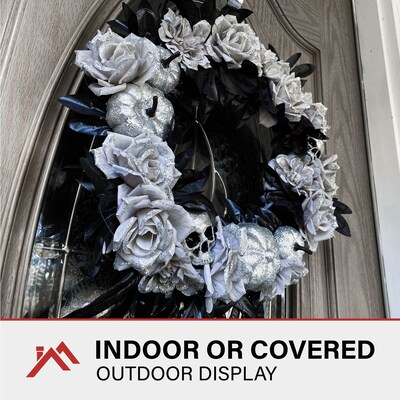 Haunted Hill Farm 15" Glitter Pumpkins with Skulls Wreath (HHPUMP-2WRTH)