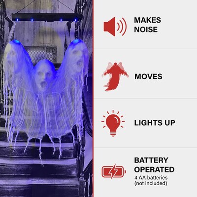 Haunted Hill Farm Animatronic Floating Ghost Heads of Halloween with Blue Glowing Lights Scary Decoration (HHSKEL-12HLSA)