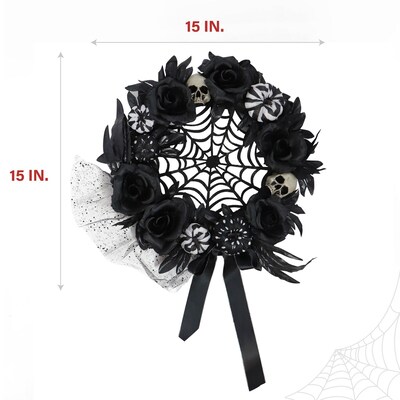 Haunted Hill Farm 15" Black & White Floral Wreath (HHSPD-2WRTH)