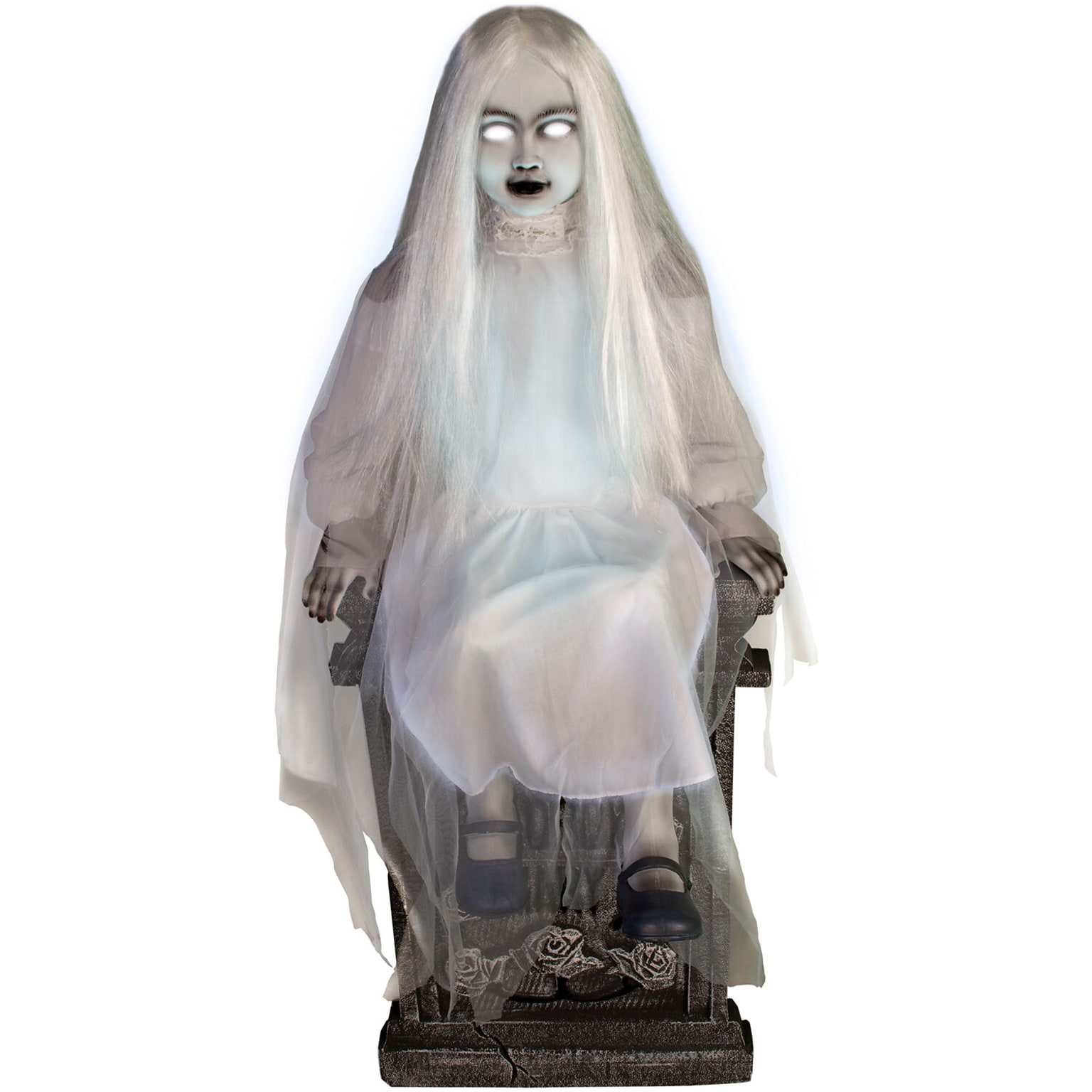 Haunted Hill Farm Motion-Activated Talking Sitting Tombstone Girl (HHSTMBGRL-1FLSA)
