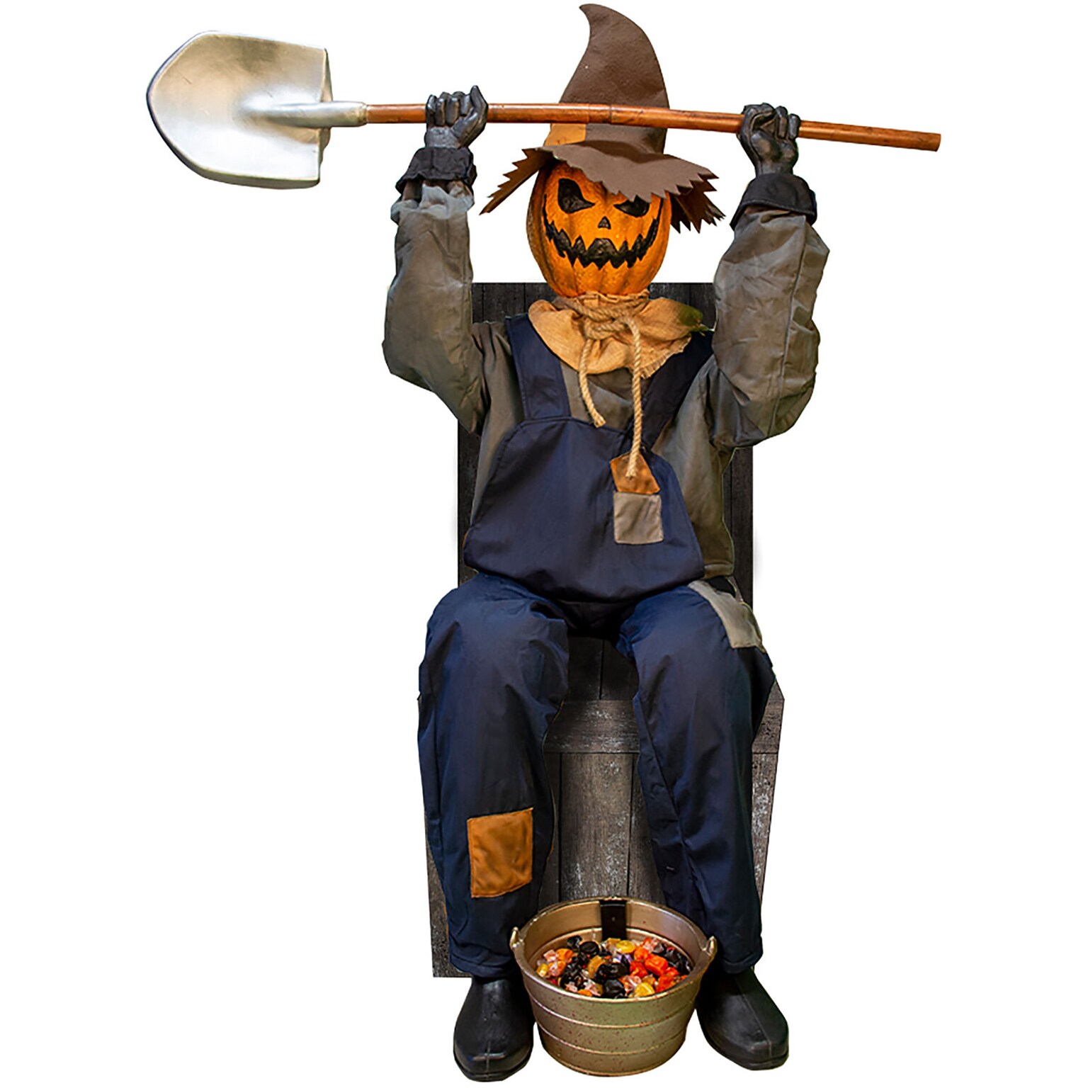 Haunted Hill Farm Motion-Activated Talking Smiling Jack the Sitting Scarecrow (HHSTPUMP-1FLSA)