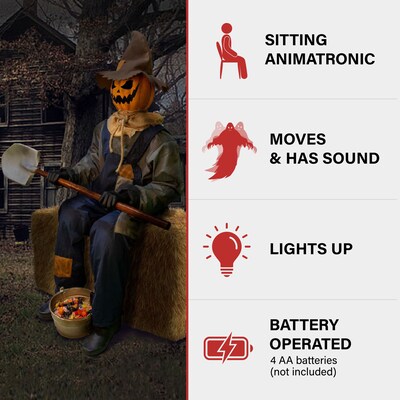 Haunted Hill Farm Motion-Activated Talking Smiling Jack the Sitting Scarecrow (HHSTPUMP-1FLSA)