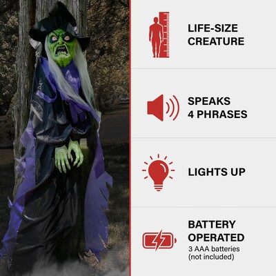 Haunted Hill Farm Talking Witch Tree Hugger with Light-Up Eyes Scary Outdoor Halloween Decoration (HHWITCH-39HLS)