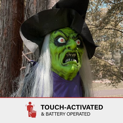 Haunted Hill Farm Talking Witch Tree Hugger with Light-Up Eyes Scary Outdoor Halloween Decoration (HHWITCH-39HLS)