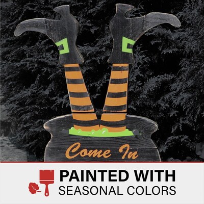 Haunted Hill Farm 24" Come In My Pretties Witch's Cauldron Funny Lawn Art (HHWOODWTCH-0BL)