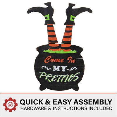 Haunted Hill Farm 24" Come In My Pretties Witch's Cauldron Funny Lawn Art (HHWOODWTCH-0BL)