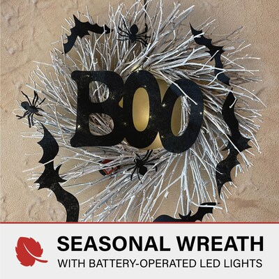 Haunted Hill Farm 15 White Twig Battery-Operated Wreath with LED Lights (HHWRTHBOO-1BR)