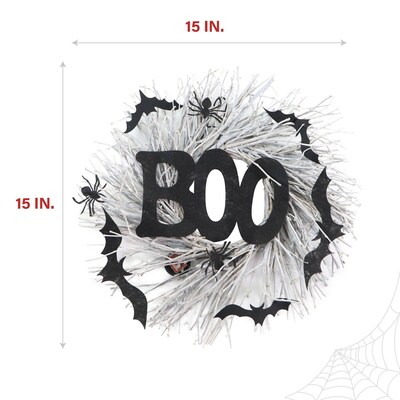 Haunted Hill Farm 15" White Twig Battery-Operated Wreath with LED Lights (HHWRTHBOO-1BR)