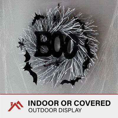 Haunted Hill Farm 15" White Twig Battery-Operated Wreath with LED Lights (HHWRTHBOO-1BR)