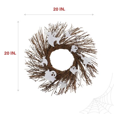 Haunted Hill Farm 20" Battery-Operated Twig Wreath with Lights & Spooky Ghosts (HHWRTHGHST-1BR)