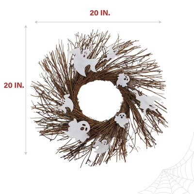 Haunted Hill Farm 20" Battery-Operated Twig Wreath with Lights & Spooky Ghosts (HHWRTHGHST-1BR)